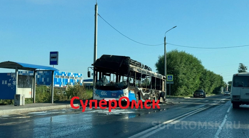 Общество Появились кадры сгоревшего возле остановки в Омске пассажирского автобуса