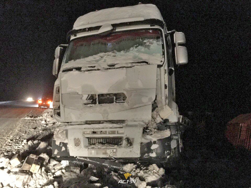 Тягач с омскими номерами, перевозивший в прицепе вездеход, улетел в кювет под Новосибирском