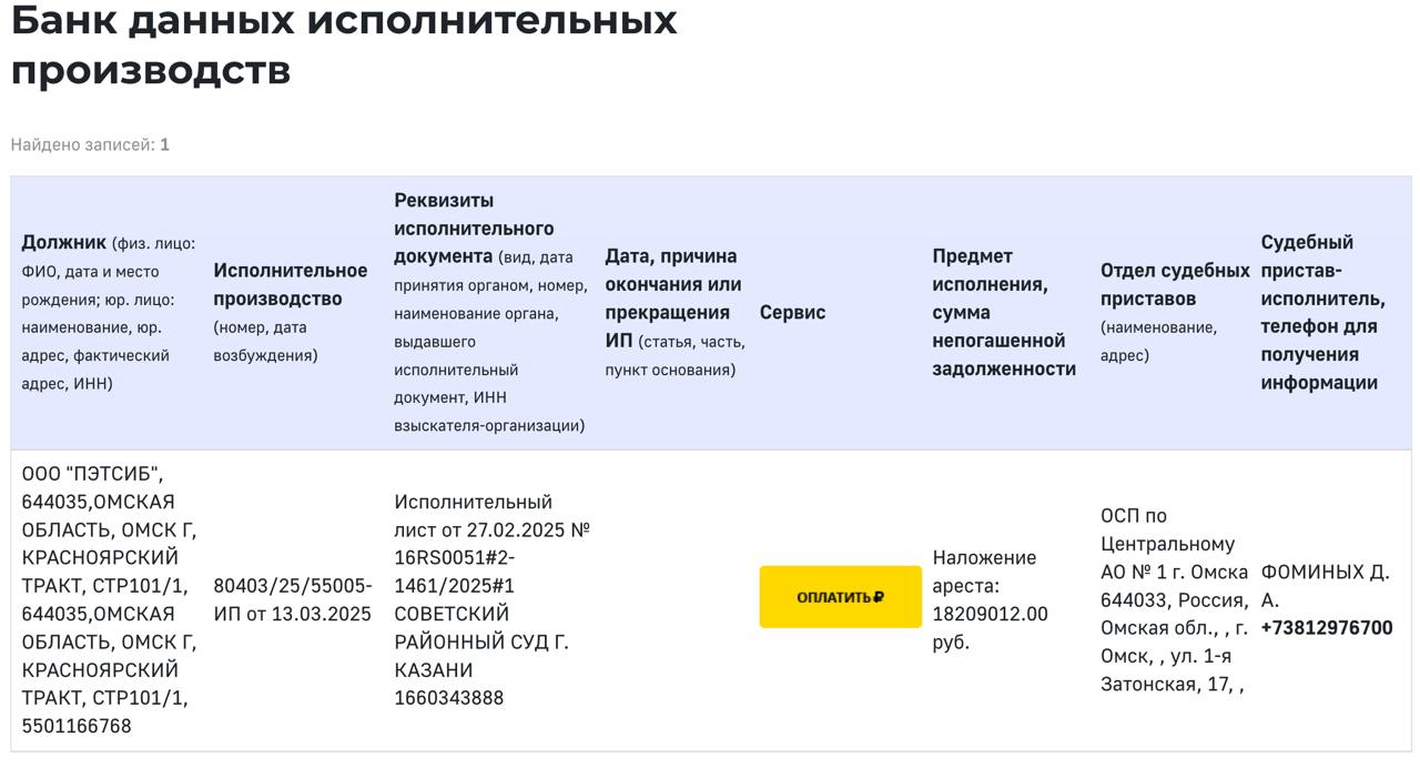 Омский производитель труб «Пэтсиб» получил арест на 18 миллионов рублей