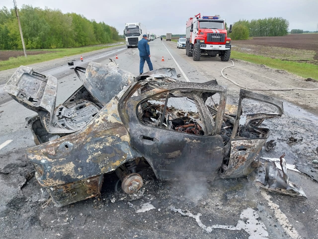 Появились фото с места жуткой смертельной аварии с пожаром на омской трассе Появились фото с места жуткой смертельной аварии с пожаром на омской трассе