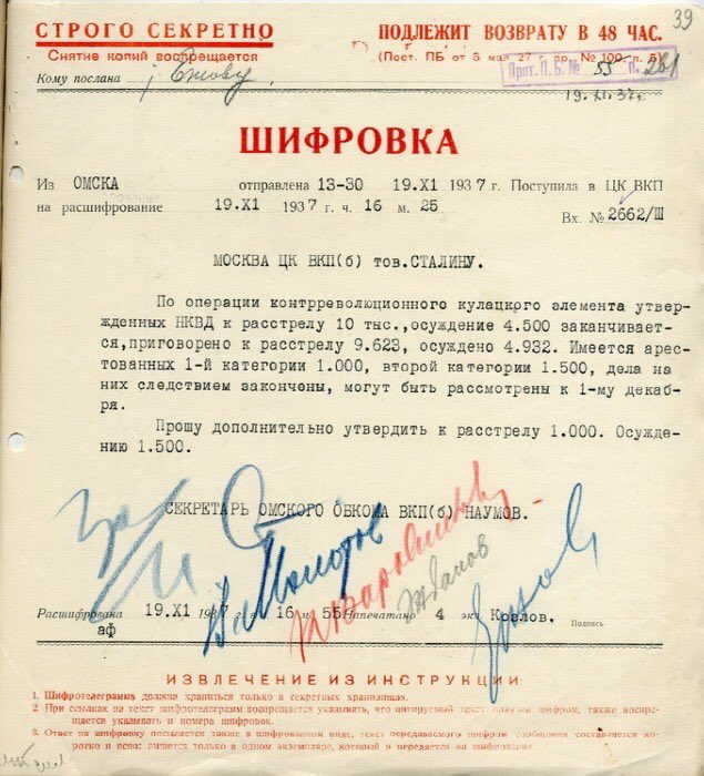 В сети выложили шифровку из Омского обкома о многотысячных расстрелах